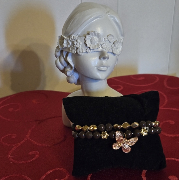 Gold and Brown Beaded Butterfly Charm Stretch Bracelet Set - Picture 4 of 4